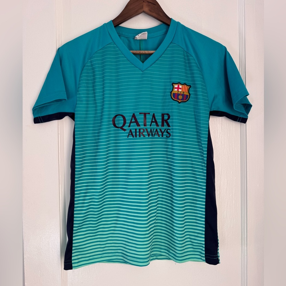 FCG Messi Teal Qatar Airways Jersey. Youth Large